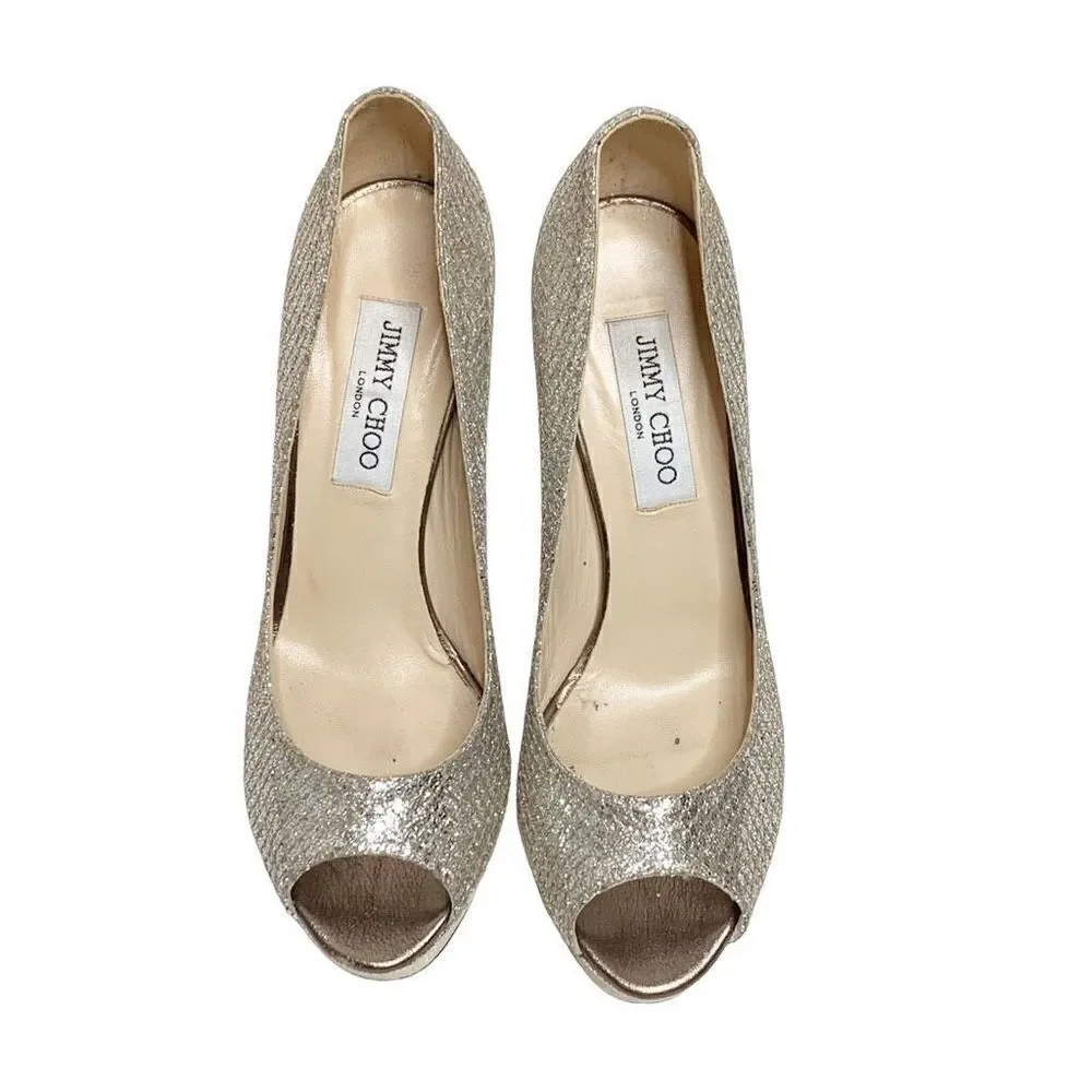 Jimmy Choo Gold Champagne Glitter Luna Peep Toe Platform Pumps Women’s Size 38.5